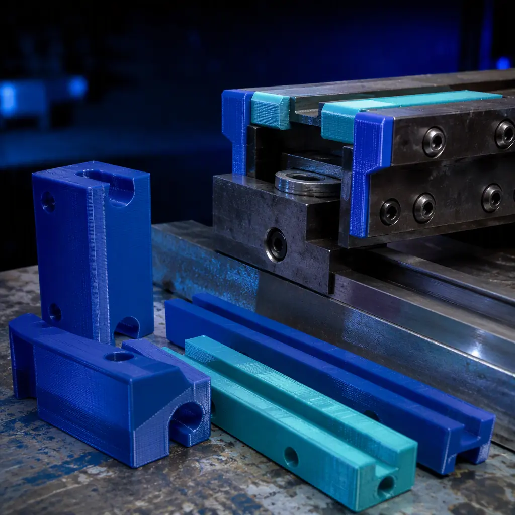 Macro close-up of 3D printed sawmill guide blocks and wear strips on a maintenance bench next to a sawmill carriage component, photorealistic, no people, no text, no logos