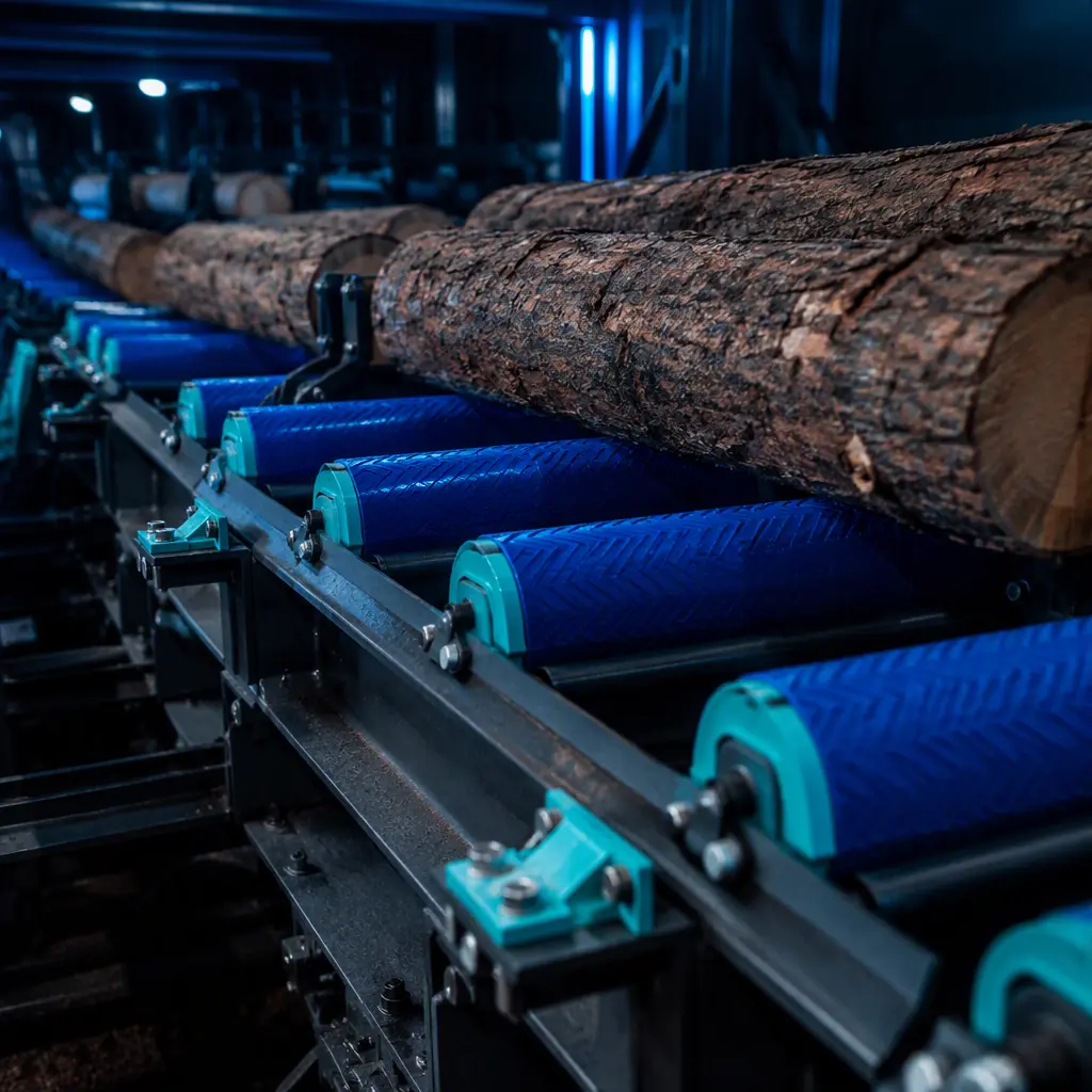 3D printed roller covers and conveyor wear parts installed on a lumber transfer conveyor in a sawmill, logs on the line, photorealistic, no people, no text, no logos