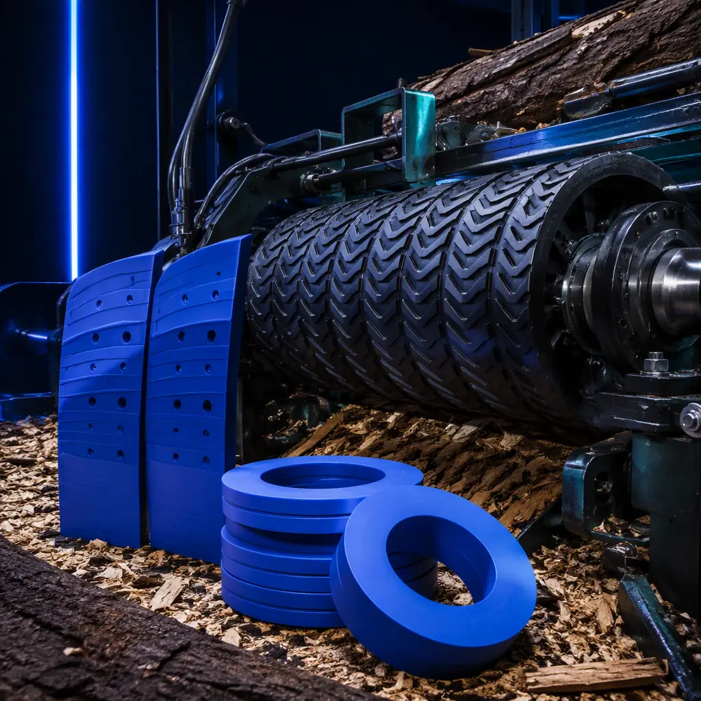 3D printed debarker arm pads and chipper spacers next to a debarker feed roll in a sawmill, bark and wood chips around the machine, photorealistic, no people, no text, no logos