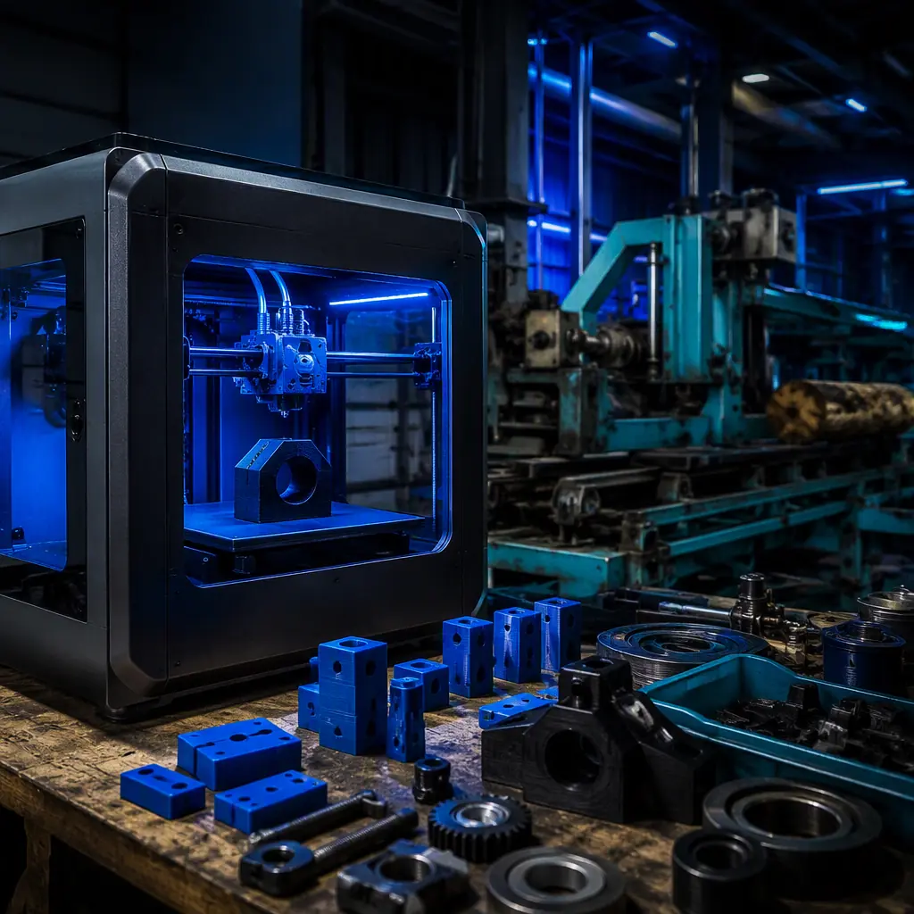 Enclosed 3D printer running in a sawmill maintenance shop, printed guide blocks and legacy spares on the workbench, sawmill machinery in background, photorealistic, no people, no text, no logos