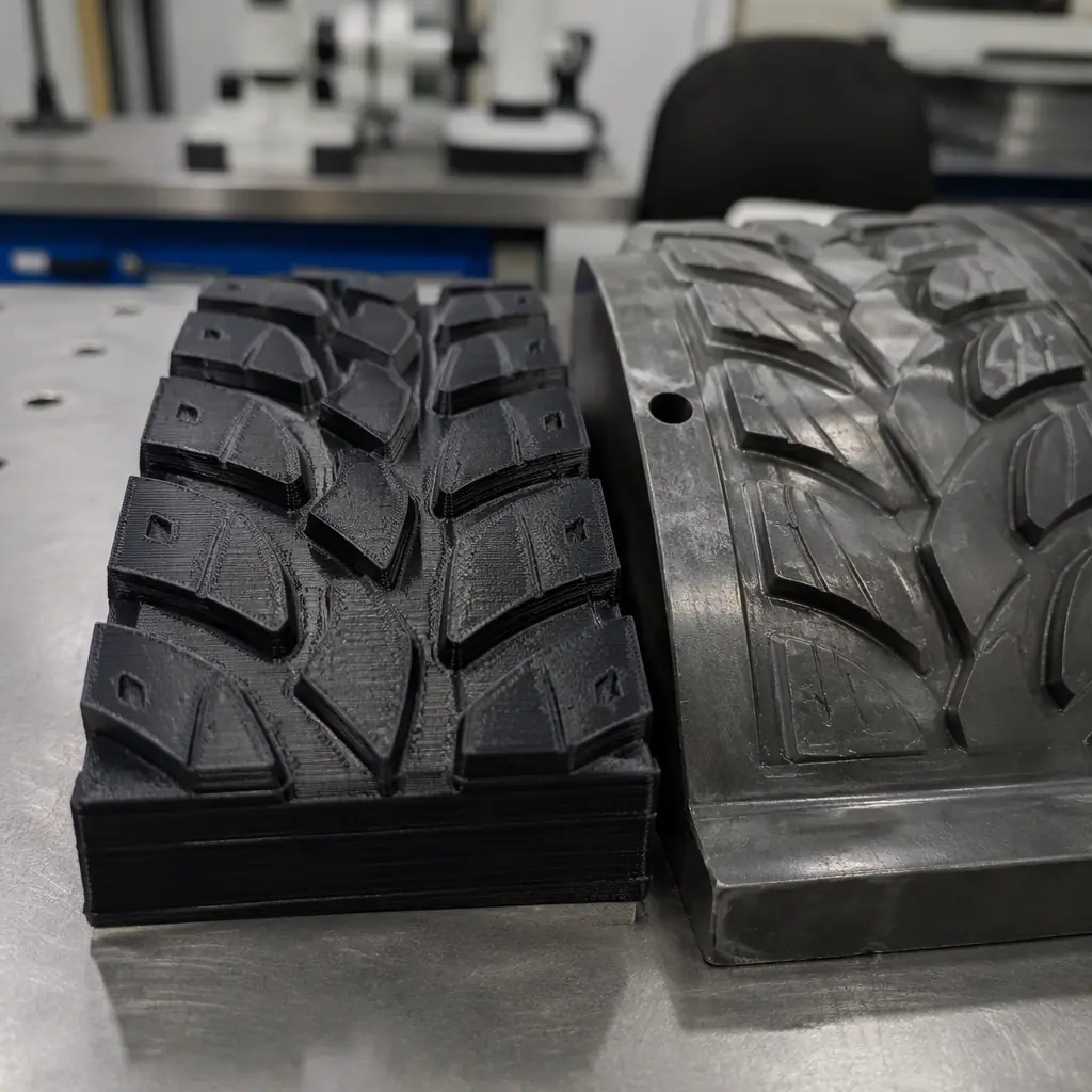 Macro close-up of a 3D printed tire tread pattern prototype segment in dark rubber-look filament with fine layer lines, next to a section of a production tire mold, engineering lab bench, photorealistic, no people, no text, no logos