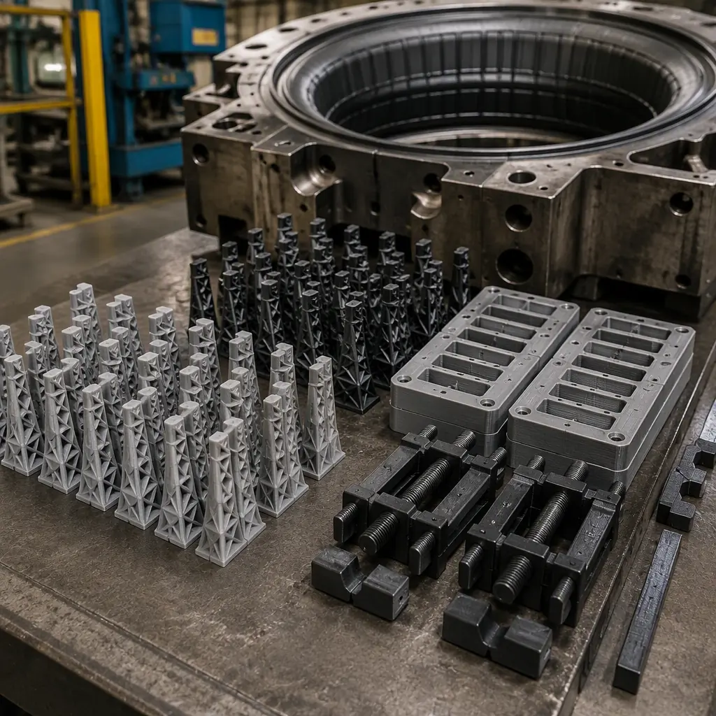 3D printed tire mold vent inserts and curing fixture components arranged on a workbench in a tire factory tooling shop, metal tire mold visible in background, industrial lighting, photorealistic, no people, no text, no logos