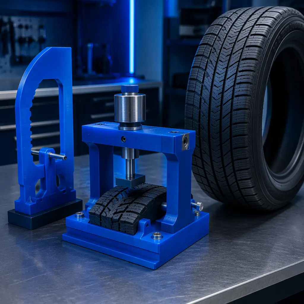 3D printed inspection gauge and tread wear-test fixture positioned next to a finished tire on a quality control bench, deep navy and electric blue tones, photorealistic, no people, no text, no logos