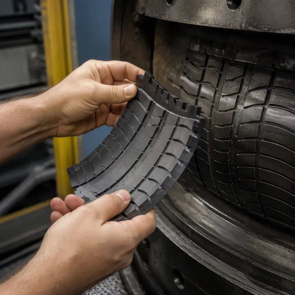 Technician hands inspecting a 3D printed tooling component against a tire mold surface, hands only no face, workshop lighting, photorealistic, no text, no logos