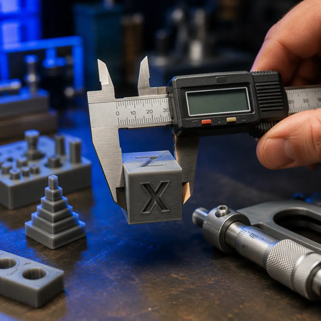 Digital caliper measuring a 3D printed calibration cube on a workshop bench, micrometer and printed test parts beside it, blue accent lighting