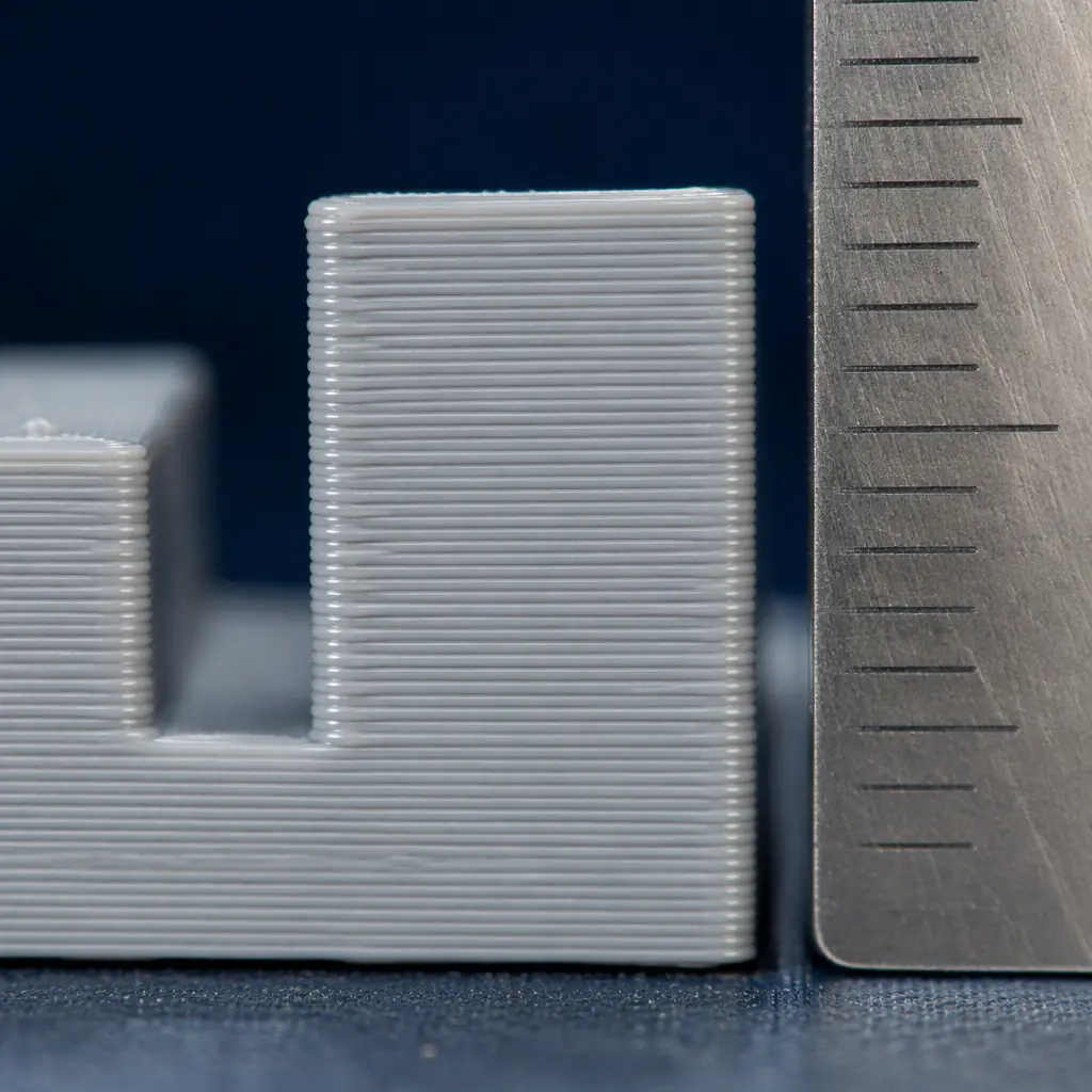 Macro close-up of 3D printed layer lines on a calibration part edge, showing consistent layer stacking with a ruler beside it, engineering bench