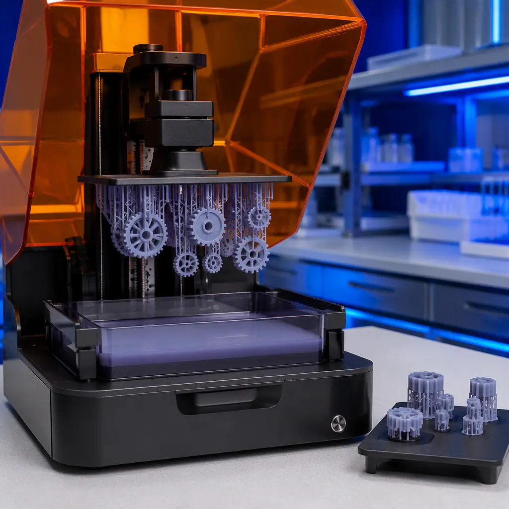 Resin 3D printer with UV cover printing precision gears, photopolymer resin vat visible, printed test parts on the build plate, lab setting