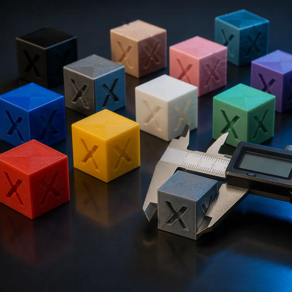 Array of 3D printed calibration cubes in different filament colors on a dark surface, digital caliper measuring one cube, industrial lighting