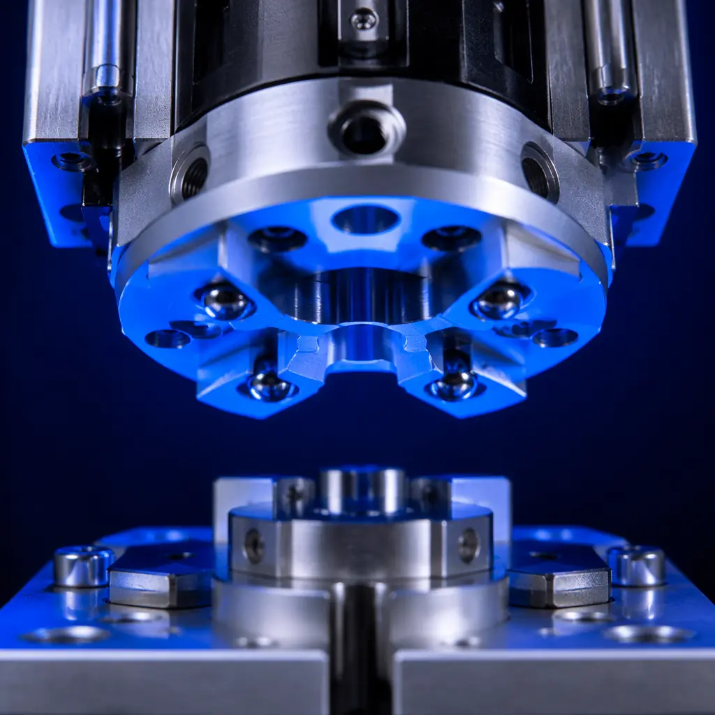 Close-up of 3D printer toolchanging dock mechanism, magnetic kinematic coupling visible, multiple toolheads parked in docking station, precision engineering photography with deep navy background and electric blue accent lighting