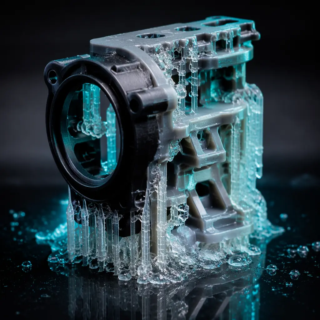 Multi-material 3D printed part with dissolvable PVA support structure partially dissolved away, complex geometry emerging, studio macro photography on dark reflective surface with electric blue accent glow