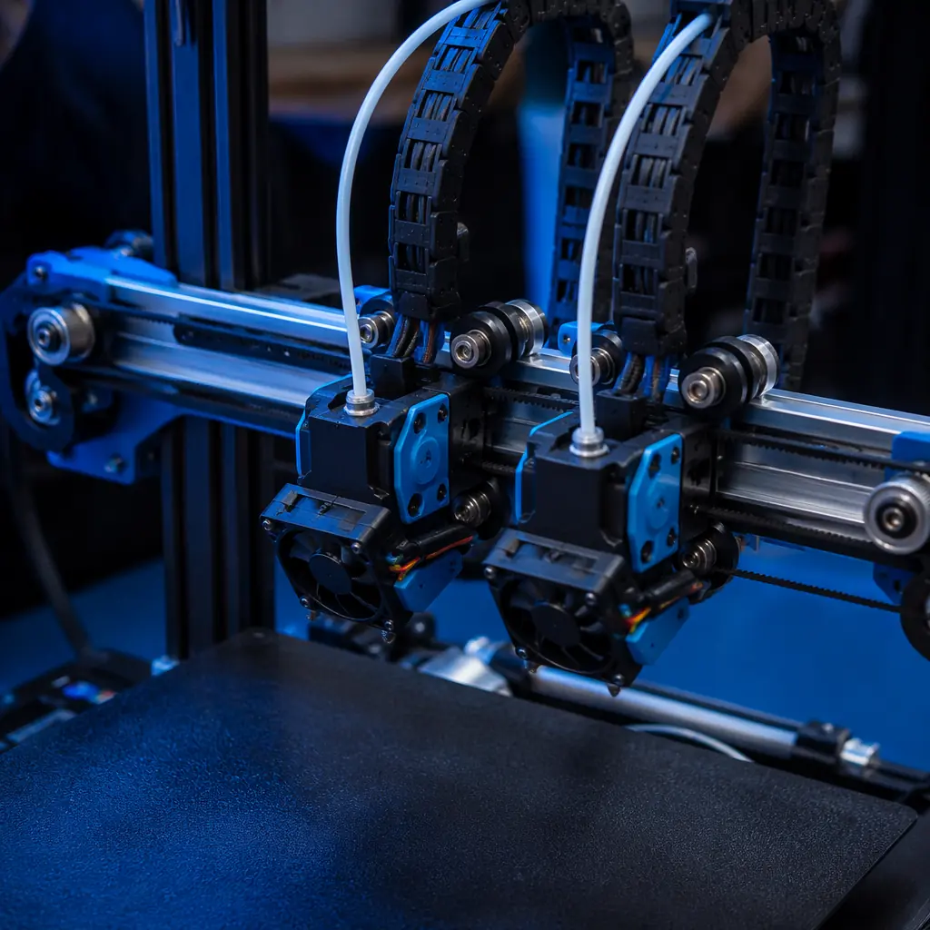 Close-up of IDEX 3D printer dual carriage system, two independent toolheads on same gantry, linear rails and belt drives visible, factory floor setting with clean workshop lighting