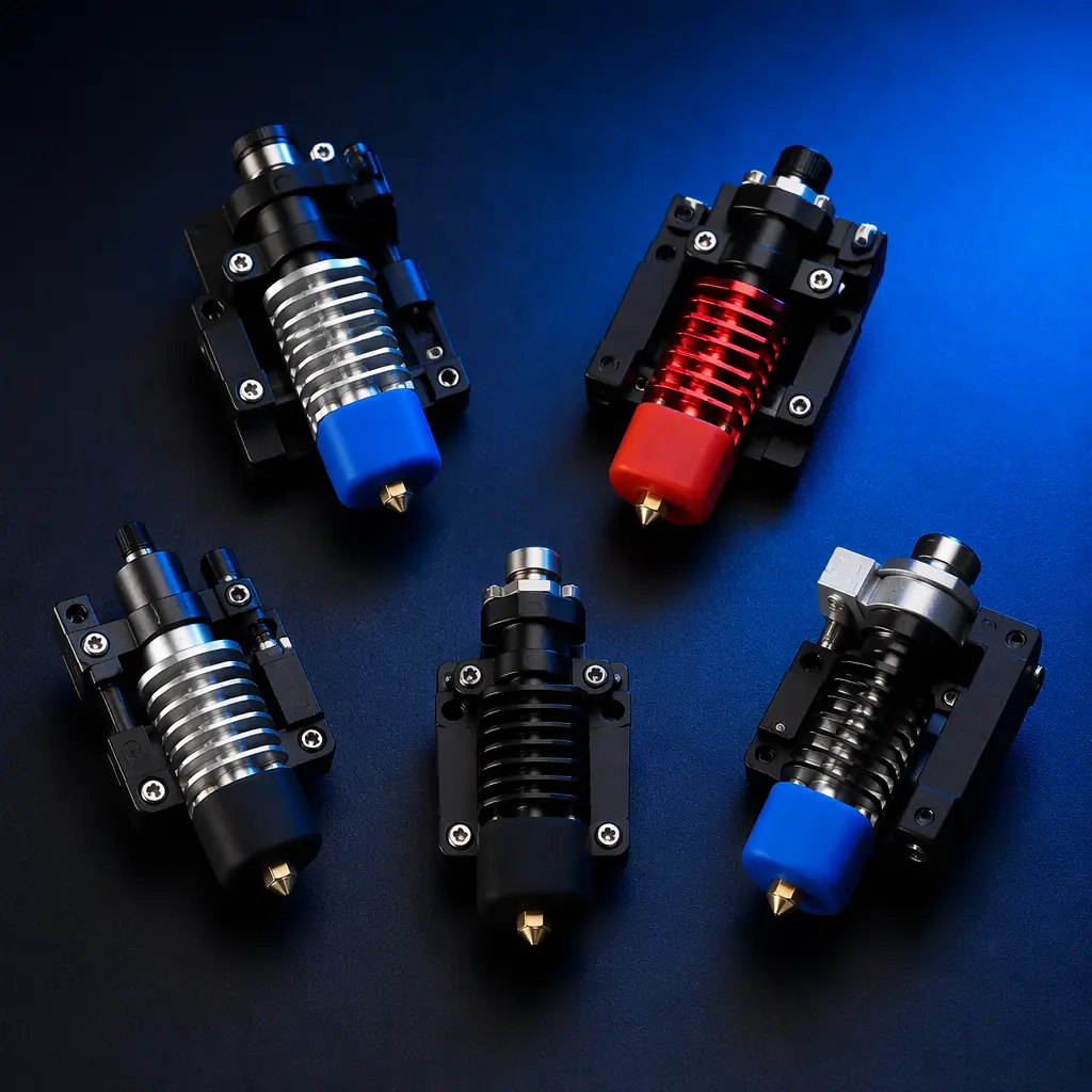 Array of interchangeable 3D printer toolheads with different nozzle sizes and configurations on docking station, color-coded tool plates, clean industrial workshop setting, deep navy background