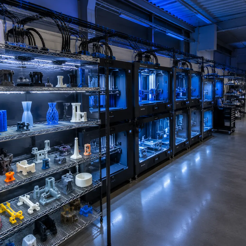 Modern 3D printer print farm with both IDEX and toolchanging printers operating side by side, LED-lit print chambers, finished multi-material parts on display rack, industrial warehouse setting