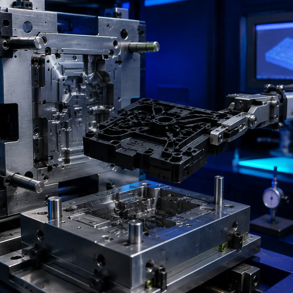 3D printed injection mold insert in carbon-fiber nylon being inserted into aluminum mold base on injection molding machine, mold halves visible, engineering workshop environment with inspection instruments