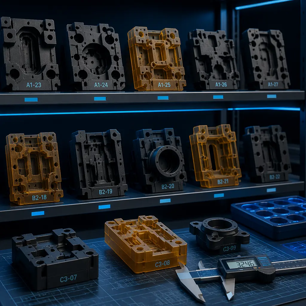 Shelf array of 3D printed injection mold inserts in different geometries and materials (PA-CF black, PEI amber), each with engraved identification number, engineering inspection surface with caliper measurement context