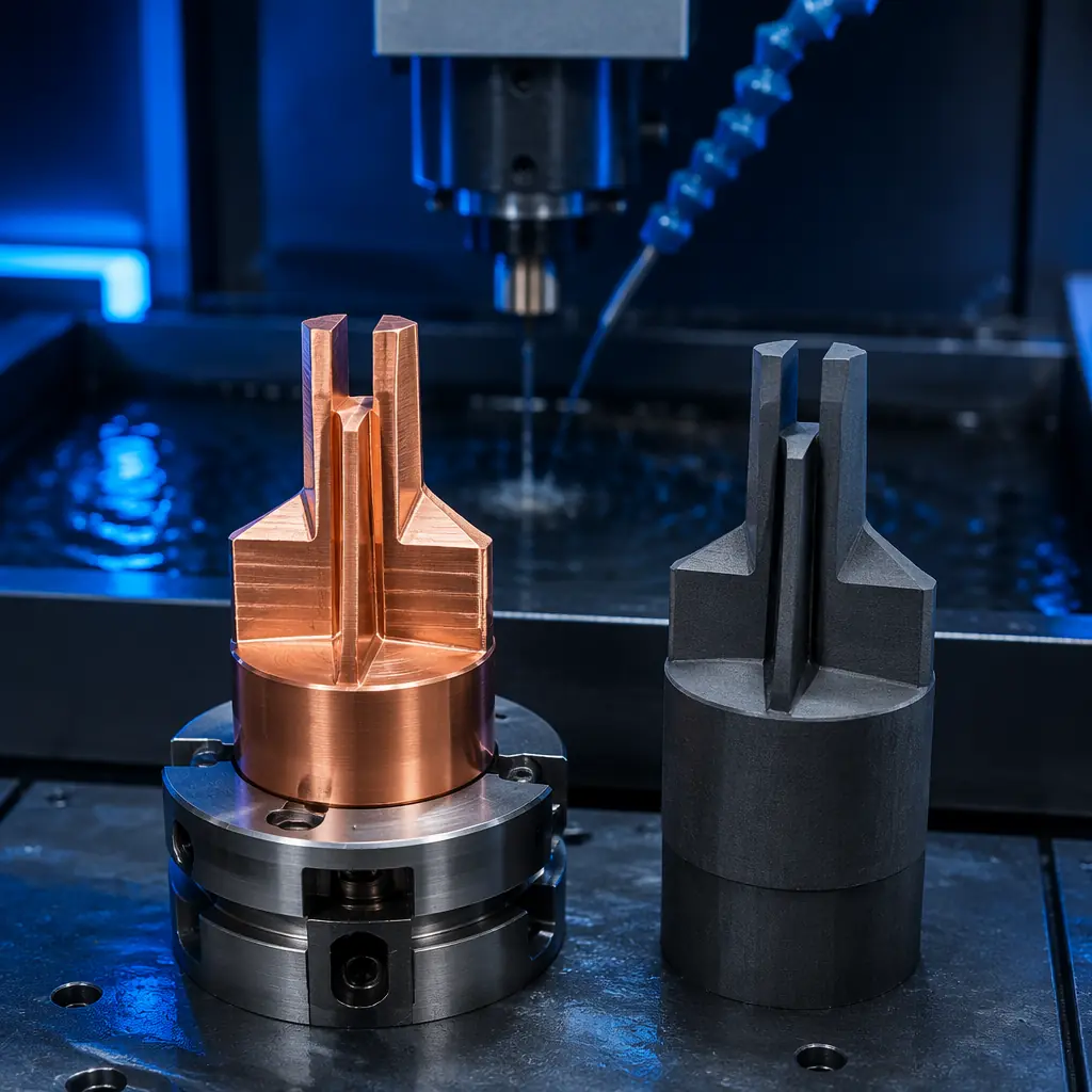 3D printed EDM electrode in conductive filament with visible copper electroplating, mounted in EDM machine chuck, graphite electrode beside it for comparison, EDM machine dielectric fluid visible, tool room environment