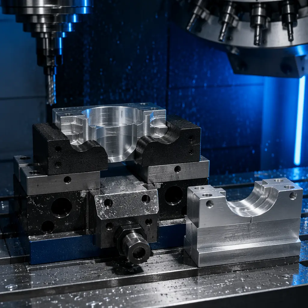CNC machine vise with 3D printed carbon-fiber nylon soft jaws holding aluminum workpiece, machined aluminum soft jaw beside for comparison, coolant mist visible, machine shop environment with tool carousel in background