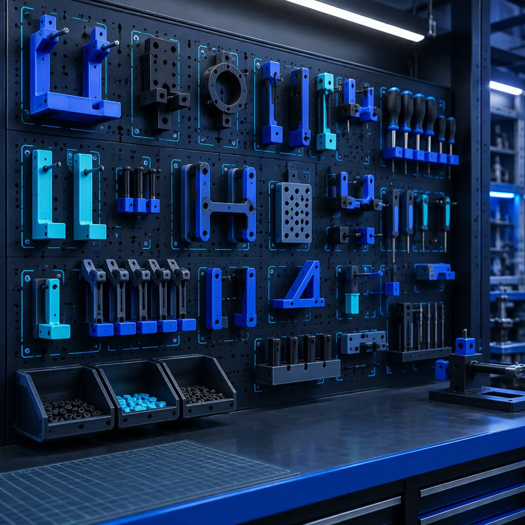 Photograph of an organised tooling storage board in a workshop holding 3D printed jigs, fixtures and gauge blocks, each on a labelled peg