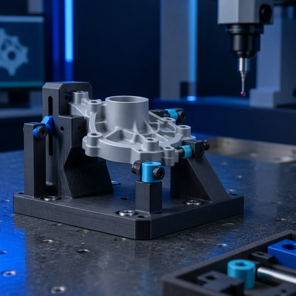 Photograph of a 3D printed assembly fixture holding a printed part on a workshop bench, CMM probe visible in the background out of focus