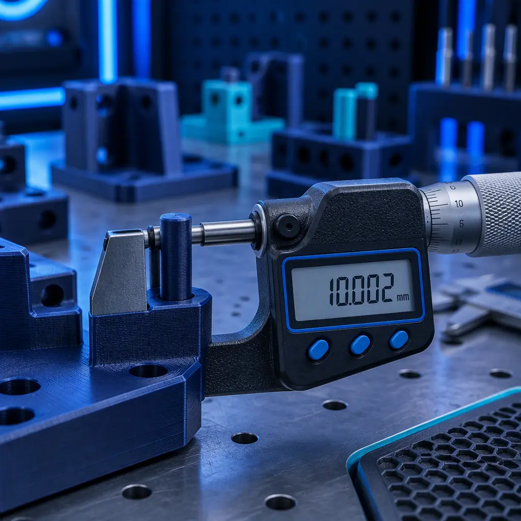 Close-up photograph of a micrometer measuring a 3D printed fixture locating pin on a workshop bench, printed jigs in the background