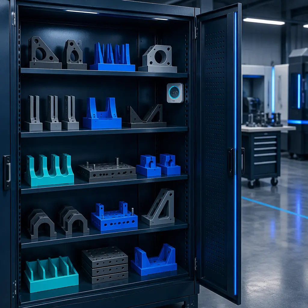 Photograph of a climate-controlled tooling cabinet in a workshop with printed fixtures stored unloaded on shelves, humidity indicator visible