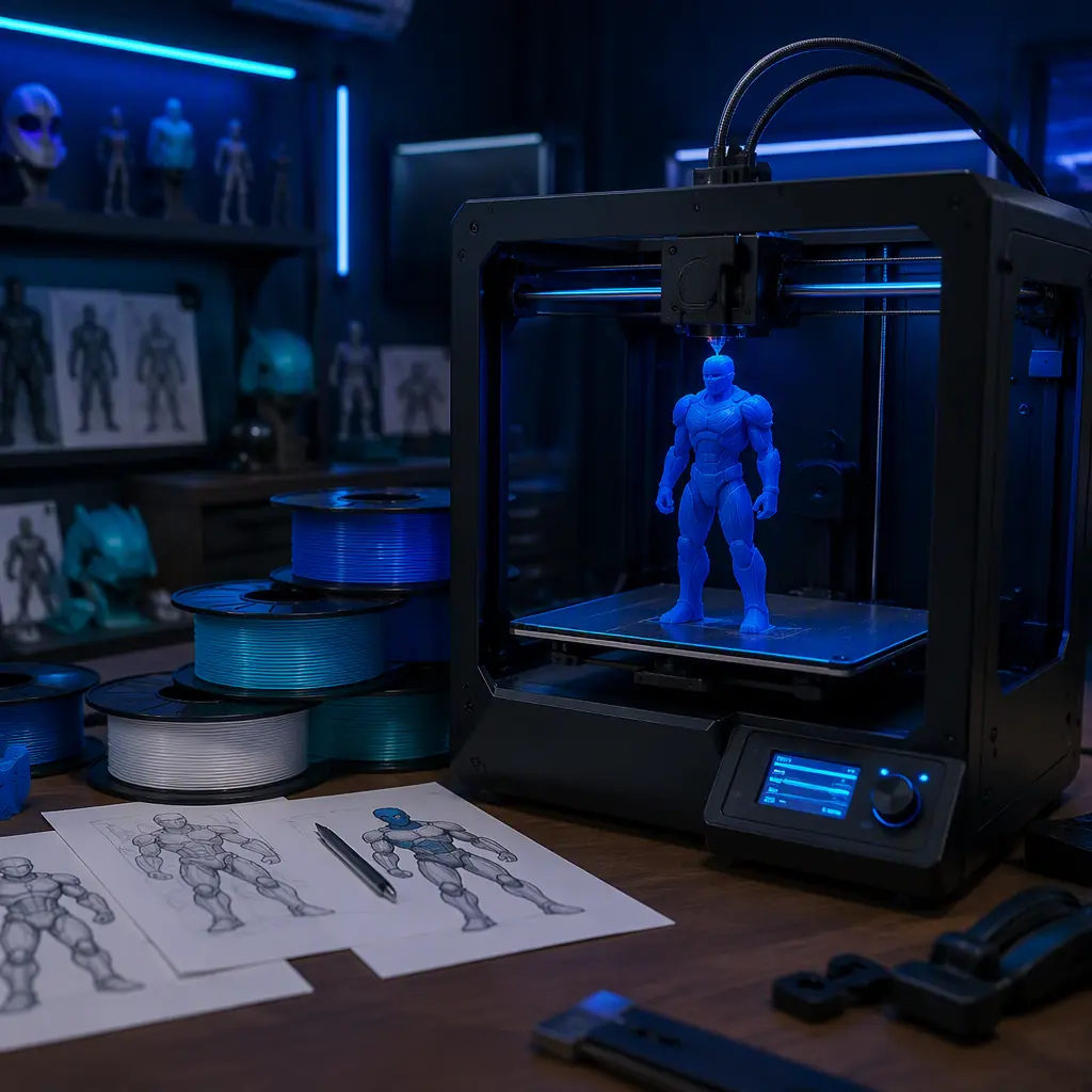 3D printer in a toy design studio printing a small action figure prototype, colored filament spools in brand colors beside the machine, character concept sketches and sculpting tools on the workbench, studio lighting