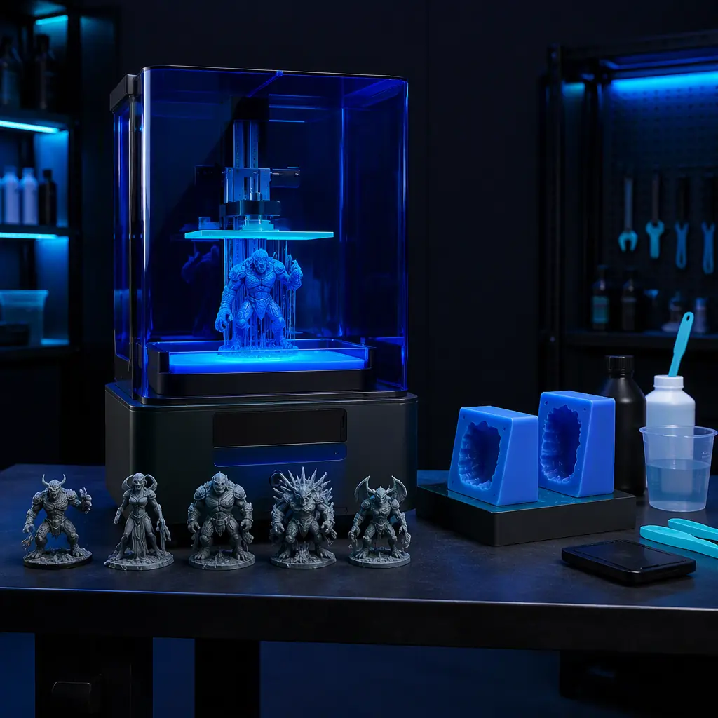 Resin 3D printer with UV cover printing a detailed toy master pattern, printed character masters in a row on the workbench, silicone mold-making supplies beside them, clean workshop