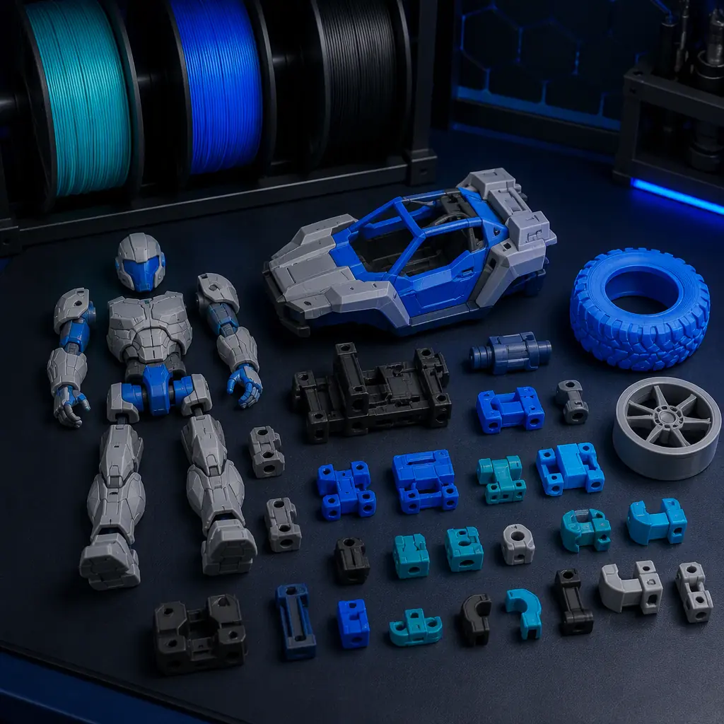 Flat lay of 3D printed toy components on a workbench: action figure parts, a vehicle body, snap-fit mechanism pieces, and a flexible TPU wheel, filament spools in brand colors in the background