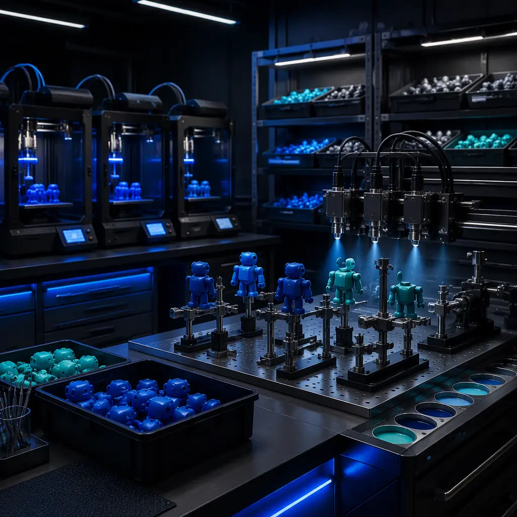 Small-batch toy production line in a factory: 3D printers running a short run of identical toy parts, printed parts in bins on shelves, assembly station with painting fixtures, industrial lighting