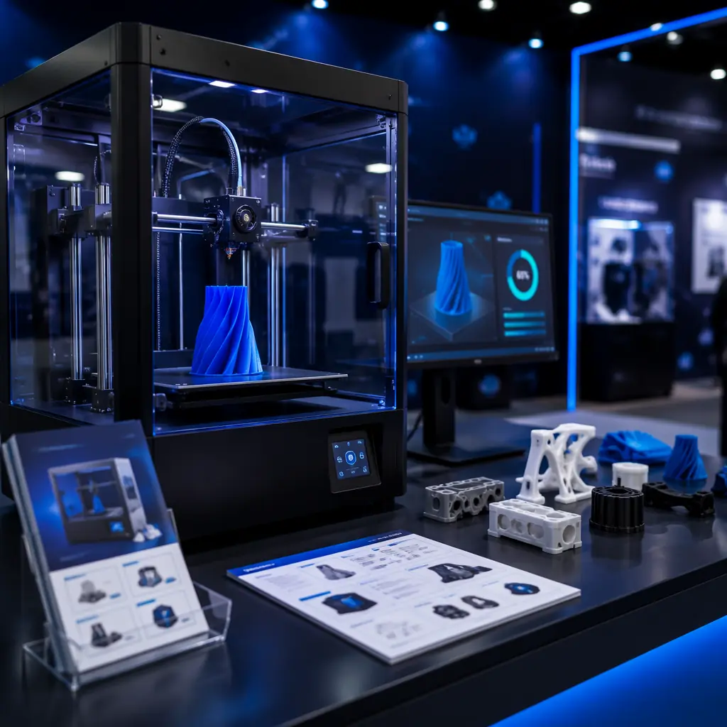 3D printer on display at trade show booth, product brochure and sample prints visible on counter, distributor representative demonstrating print quality to visitor, exhibition hall with booth lighting