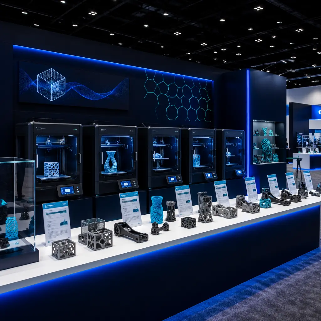 Trade show booth with multiple 3D printers running simultaneously, sample parts displayed on countertop, product specifications visible, exhibition hall lighting with booth backdrop