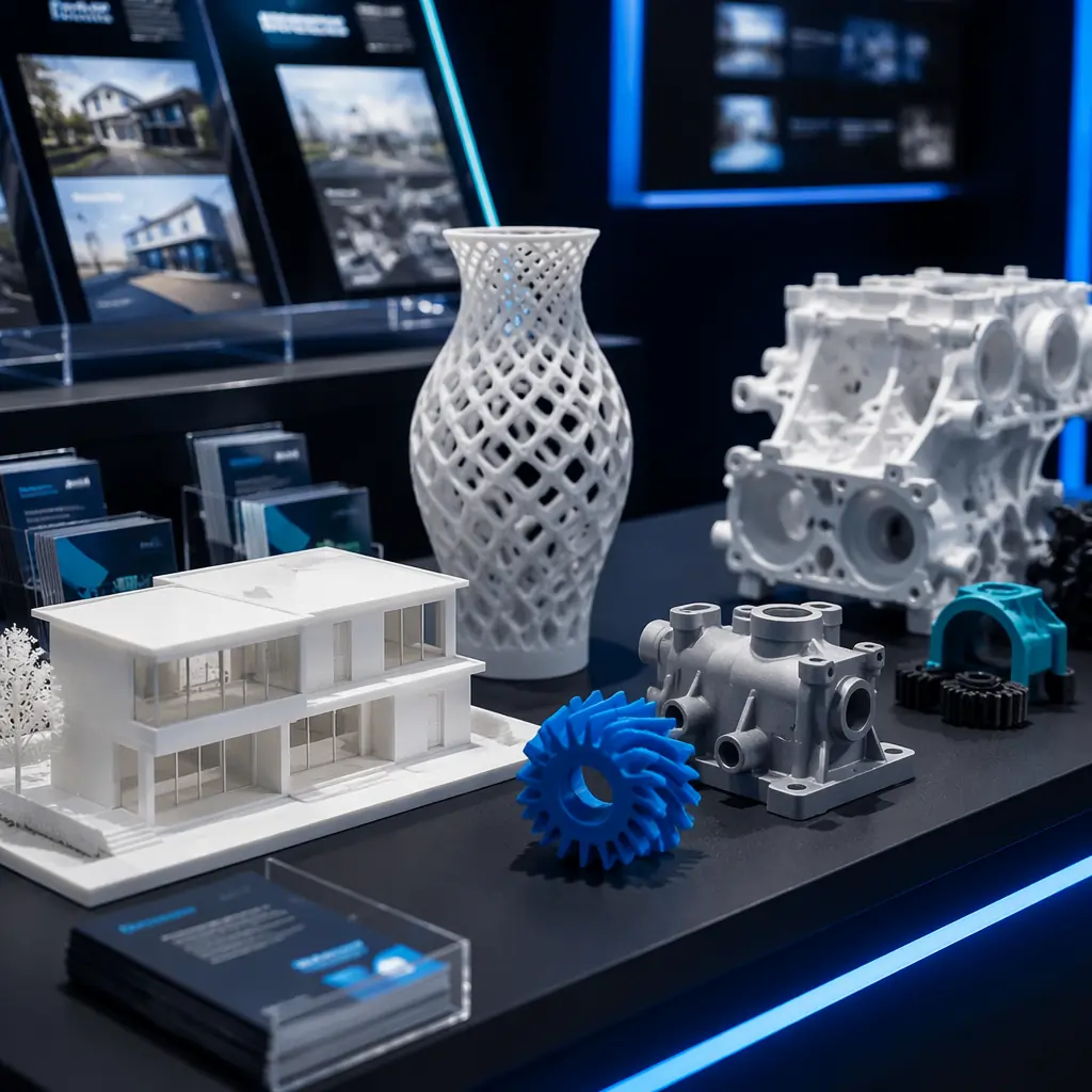 3D printed architectural models and mechanical parts on display counter at trade show, business cards and product brochures visible, polished exhibition environment with track lighting