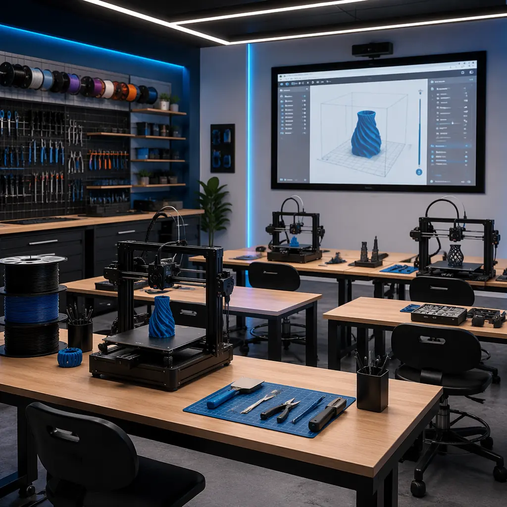 Modern training workshop with 3D printers lined up on workbenches, tools and filament organized on wall rack, presentation screen showing slicer interface, clean instructional environment with blue accent lighting