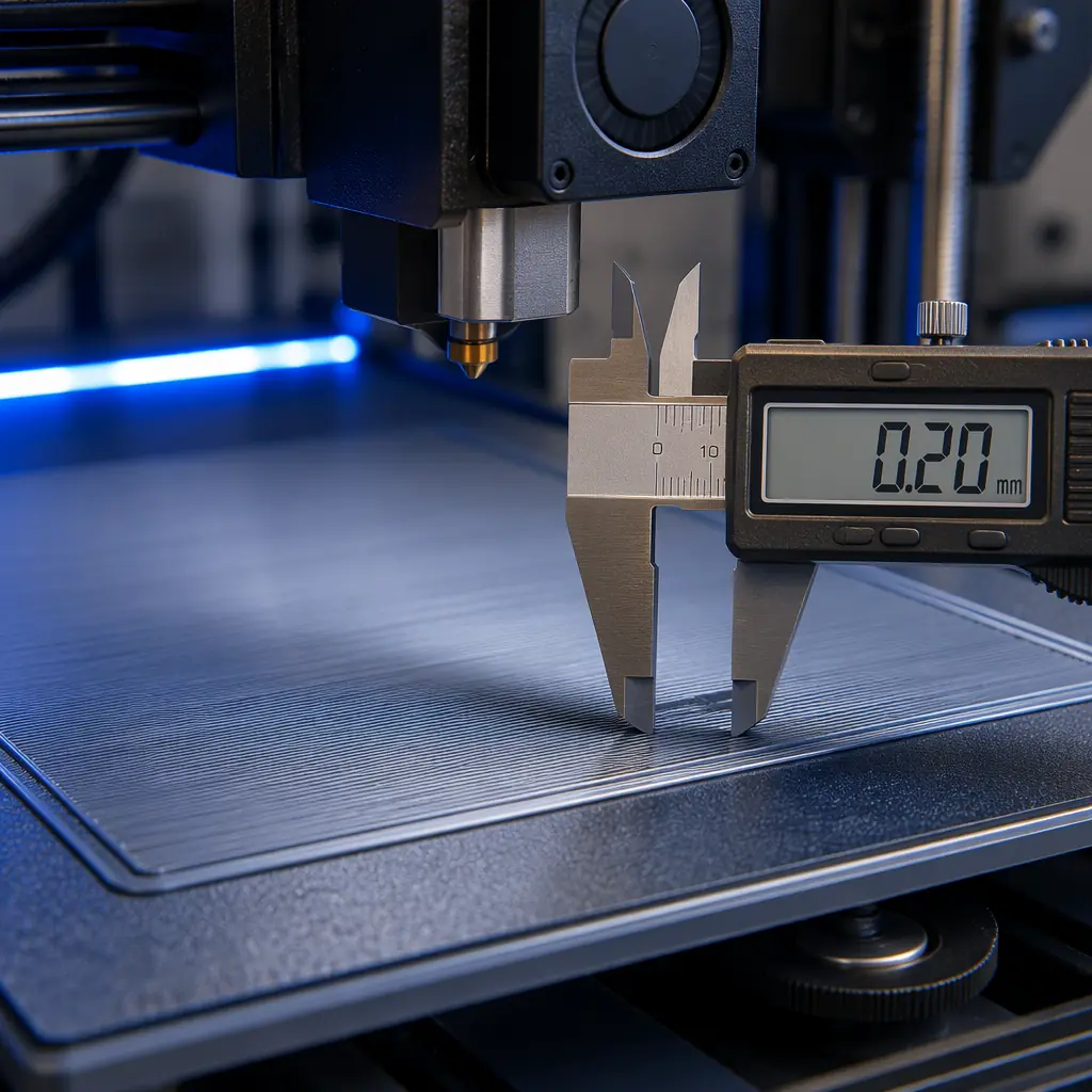 Close-up macro of 3D printer build plate with perfect first layer calibration, digital caliper measuring layer consistency, clean nozzle and well-tensioned belts visible, professional workshop setting with blue LED accent