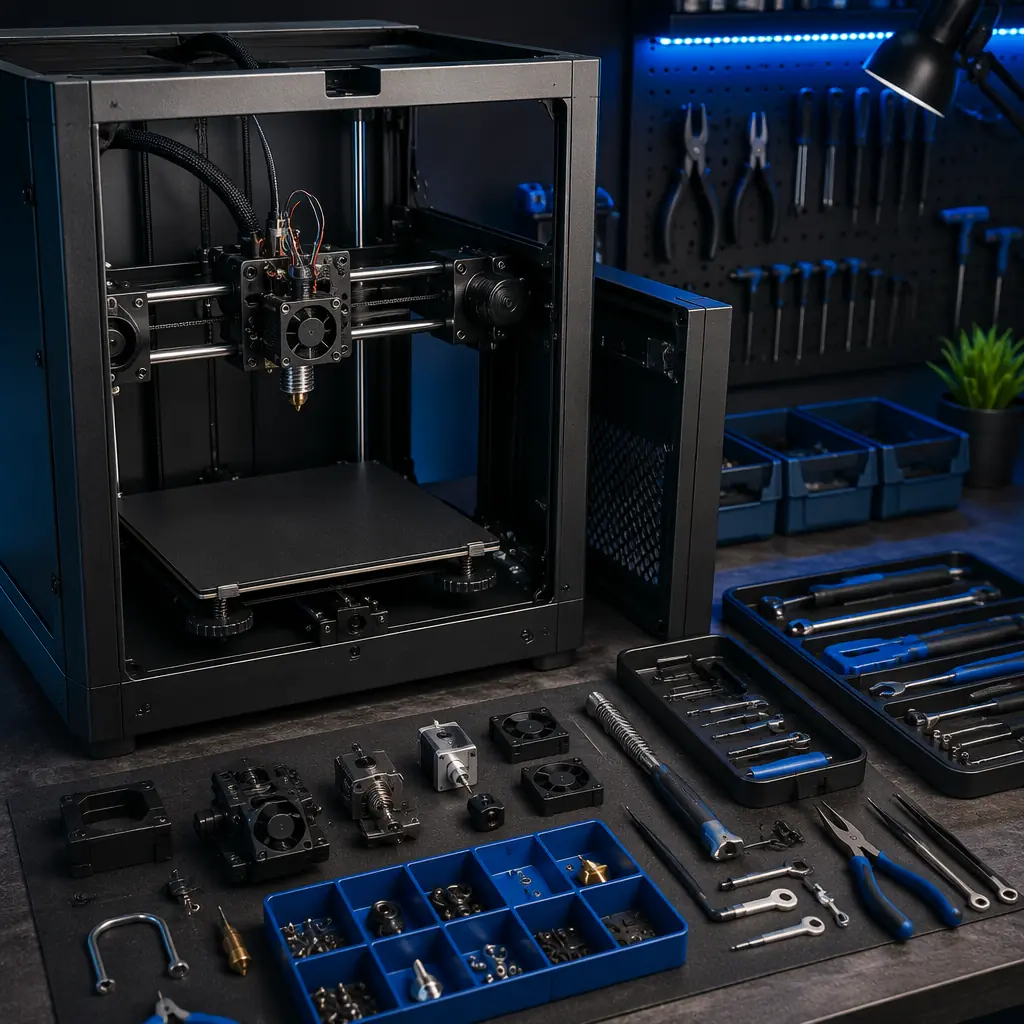 Instructor demonstrating 3D printer maintenance to small group in workshop setting, open printer panel showing hotend assembly, spare parts organized on workbench, professional training environment