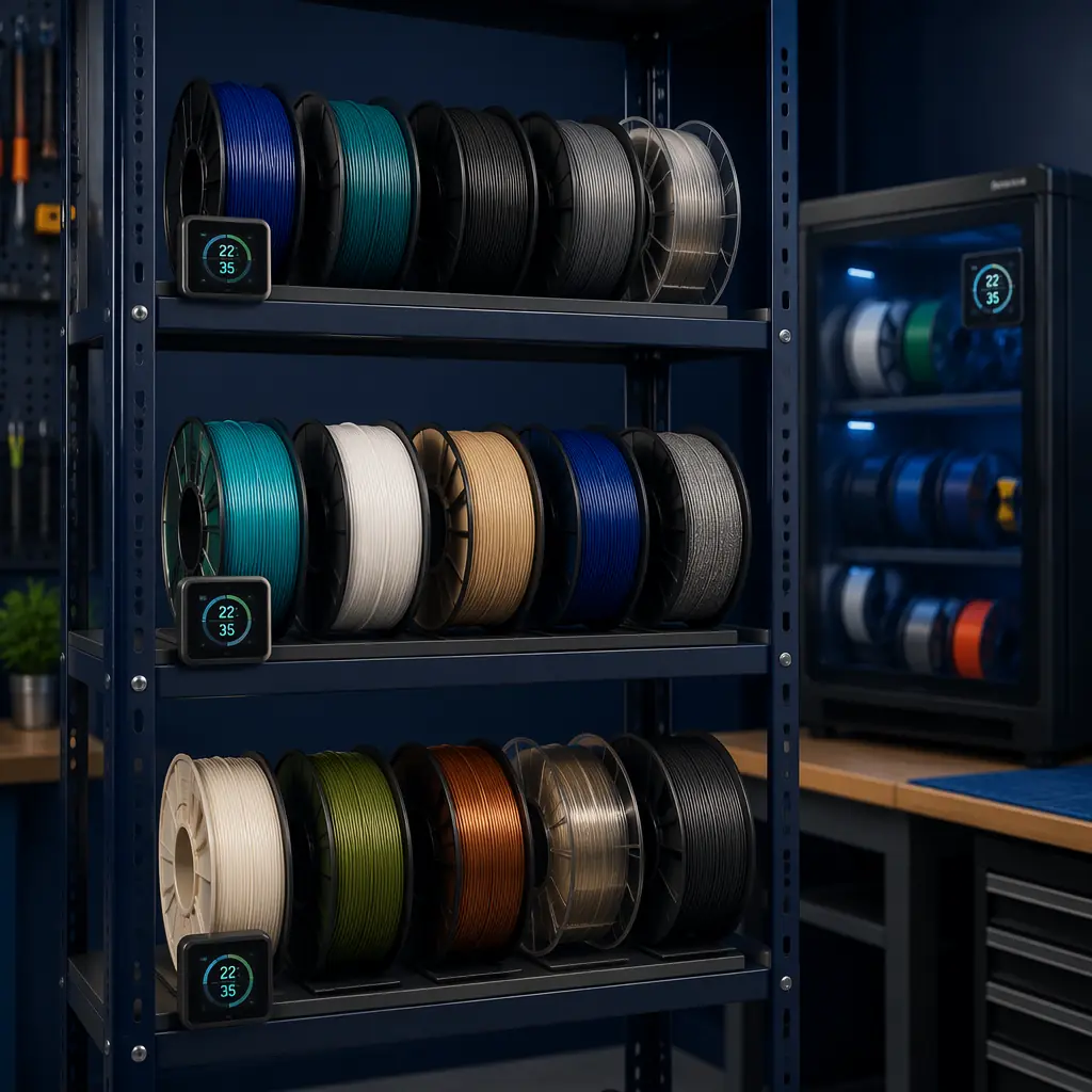 Variety of 3D printing filament spools of different materials and colors arranged on workshop shelf with humidity indicators, dry box in background, professional filament storage setup