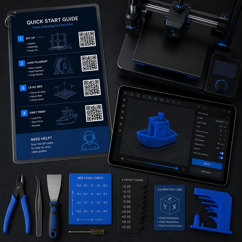Overhead flat lay of training materials on dark workbench: laminated quick-start guide with QR codes, tablet showing slicer interface, 3D printer in background, calibration tools neatly arranged, instructional design aesthetic