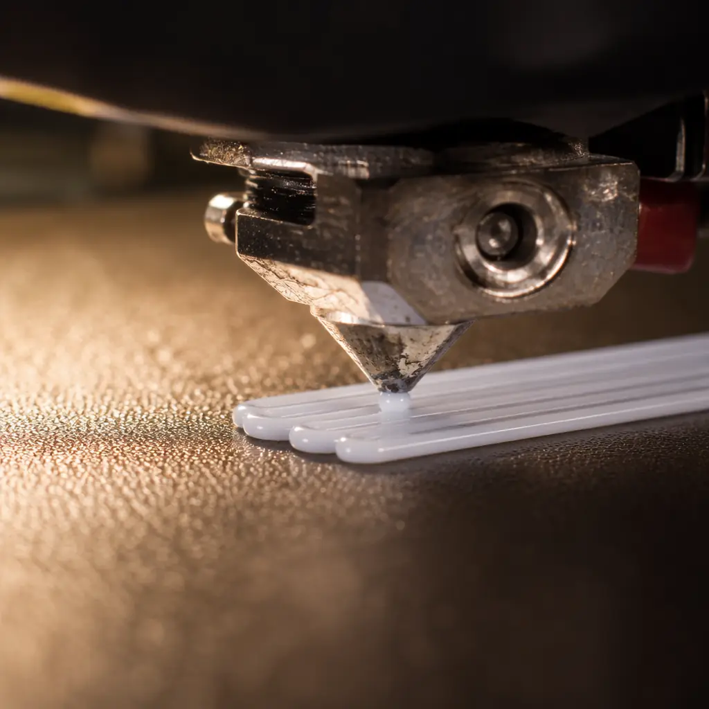 Macro close-up photograph of a 3D printer first layer on a textured PEI build plate, showing proper squish with parallel extrusion lines fused together, warm LED lighting on print bed, technical inspection context