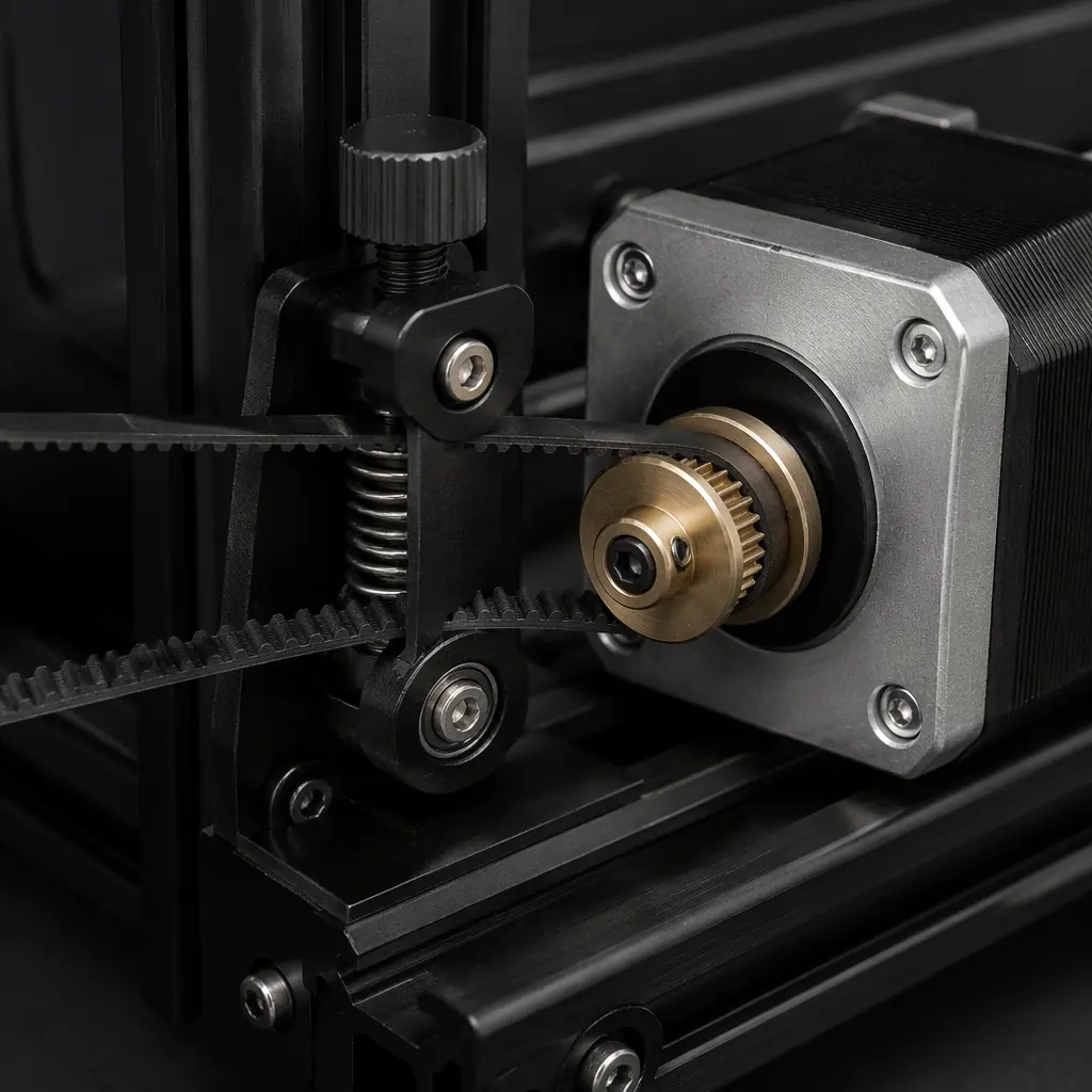 Close-up studio photograph of a 3D printer belt tensioner assembly and stepper motor pulley on an aluminum extrusion frame, showing the grub screw engagement with the motor shaft flat, precision mechanical inspection context