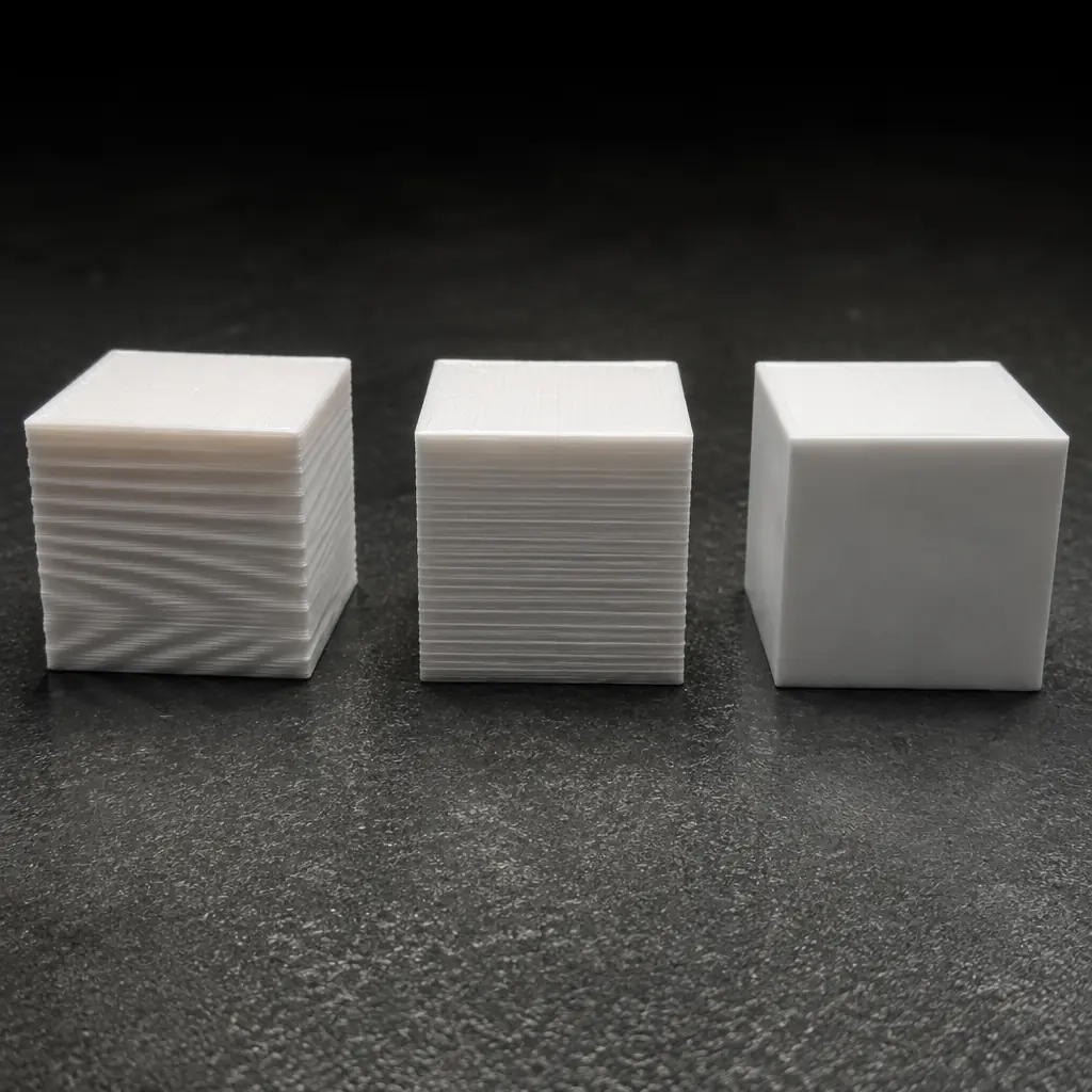 Side-by-side macro comparison of three 3D-printed calibration cubes under raking light, showing ringing artifacts, Z-banding lines, and a clean reference print, white PLA test prints on dark inspection surface
