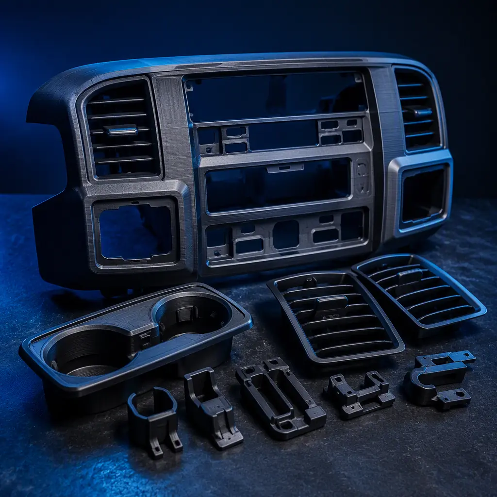 3D printed truck dash bezel and interior trim parts arranged on a workbench with a printed prototype next to a real truck dashboard component, precision engineering shot, photorealistic, no people, no text, no logos
