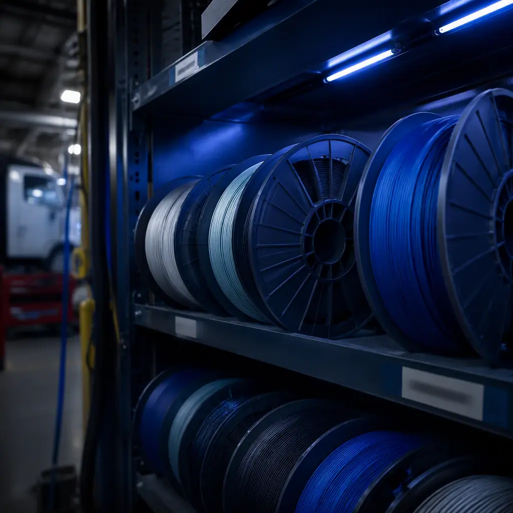 ASA and nylon filament spools on a shelf in a truck maintenance shop, industrial lighting, photorealistic, no people, no text, no logos