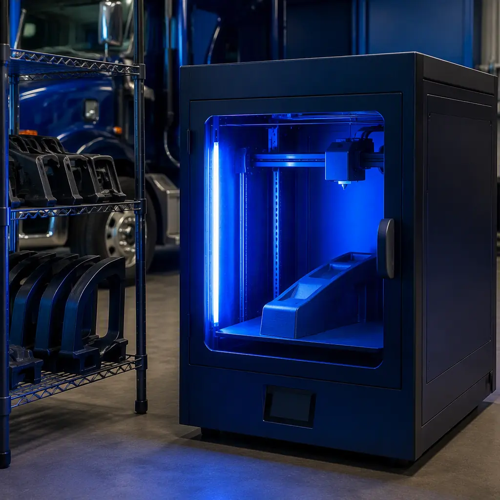 Enclosed 3D printer printing an ASA truck trim part inside a fleet maintenance shop, finished parts on a rack beside it, industrial workspace, photorealistic, no people, no text, no logos