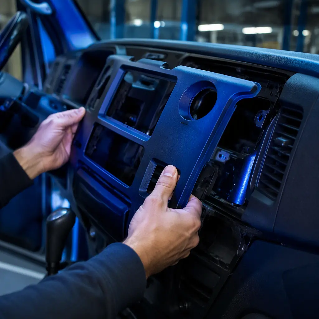 Technician hands installing a 3D printed interior trim part in a truck cab, hands only no face, workshop lighting, photorealistic, no text, no logos