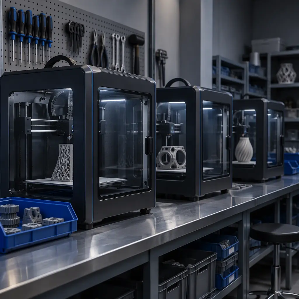Photograph of a row of enclosed 3D printers on steel benches in a university fabrication laboratory with parts bins and a wall-mounted tool rack