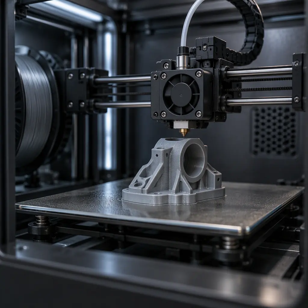 Macro photograph of the interior of an enclosed 3D printer chamber showing the heated build plate and filament path with a partially completed grey part
