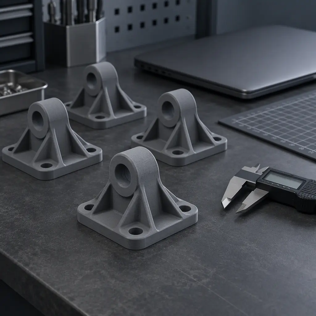Photograph of several identical grey 3D printed engineering parts on a university lab bench beside a laptop and measurement tools under soft lighting
