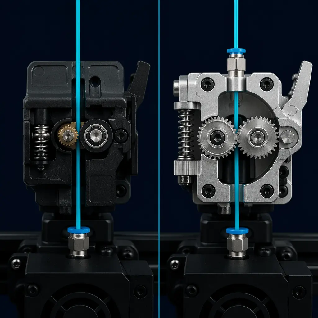 Side-by-side comparison of single-gear stock extruder versus dual-gear BMG-style extruder, drive gears highlighted, filament path shown with arrows, exploded view with component labels on dark workshop surface