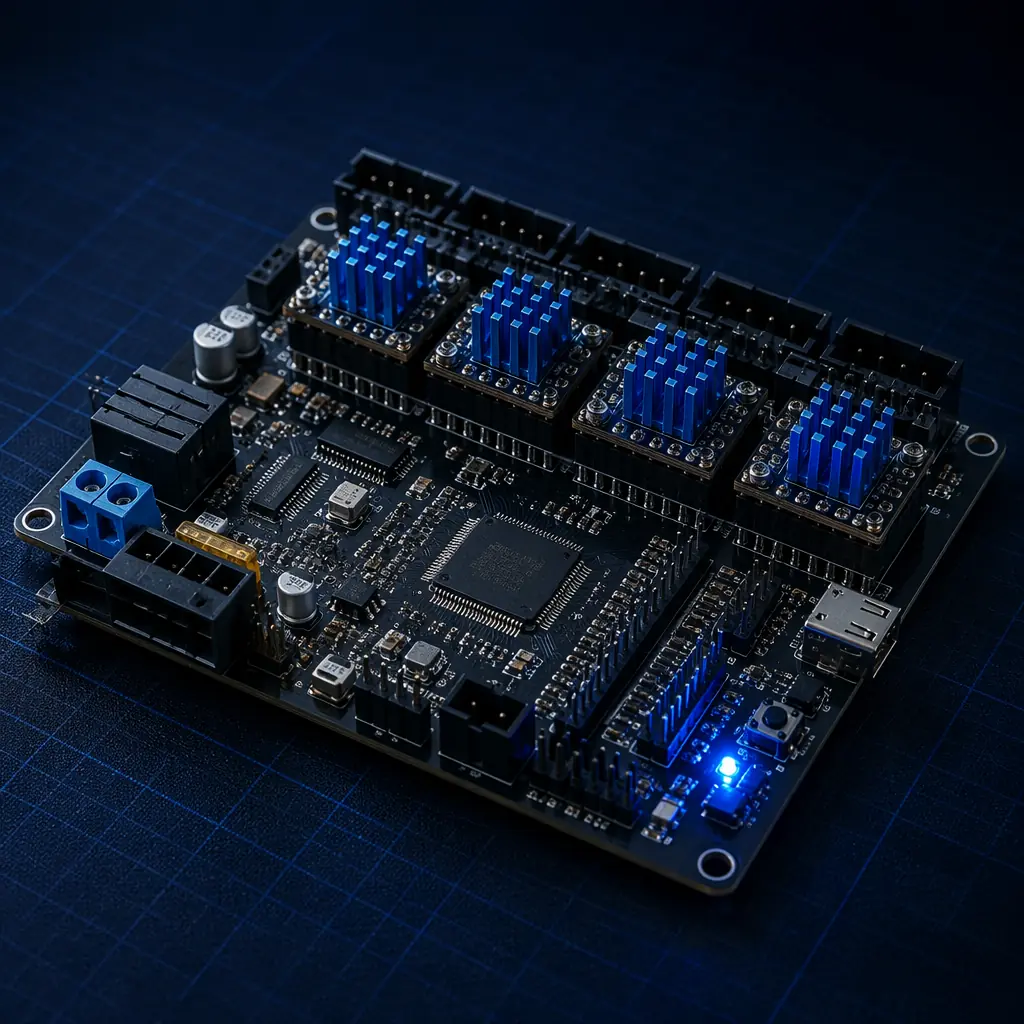 Comparison photograph of an older 8-bit printer mainboard with A4988 drivers next to a modern 32-bit board with TMC2209 silent drivers, component labels and pin headers visible, bench-top electronics shot