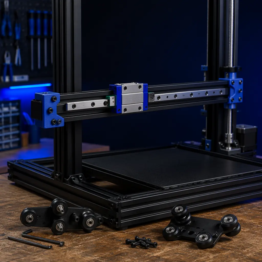 3D printer inside an enclosed chamber with internal LED lighting, PTC heater visible, acrylic panels showing internal temperature gradient with IR heat-map overlay, professional workshop setting
